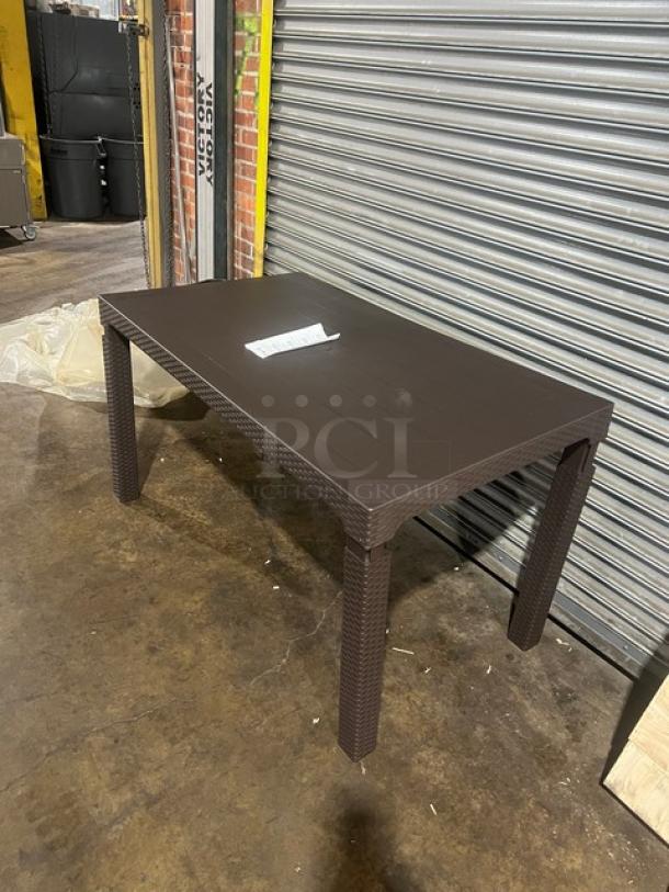 Brand new Rainbow Arizona brown polypropylene faux wood table, 140"x80", rattan finish, rectangular, outdoor use.