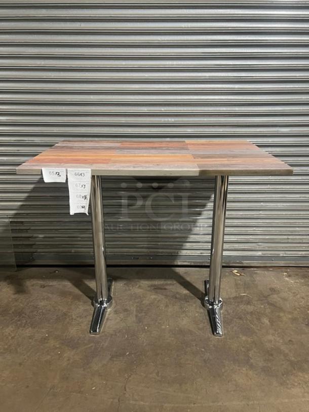 Brand new Barn Wood Plank table, 30"x48", model DW-3048, with chrome T-style base. Durable rustic dining table.