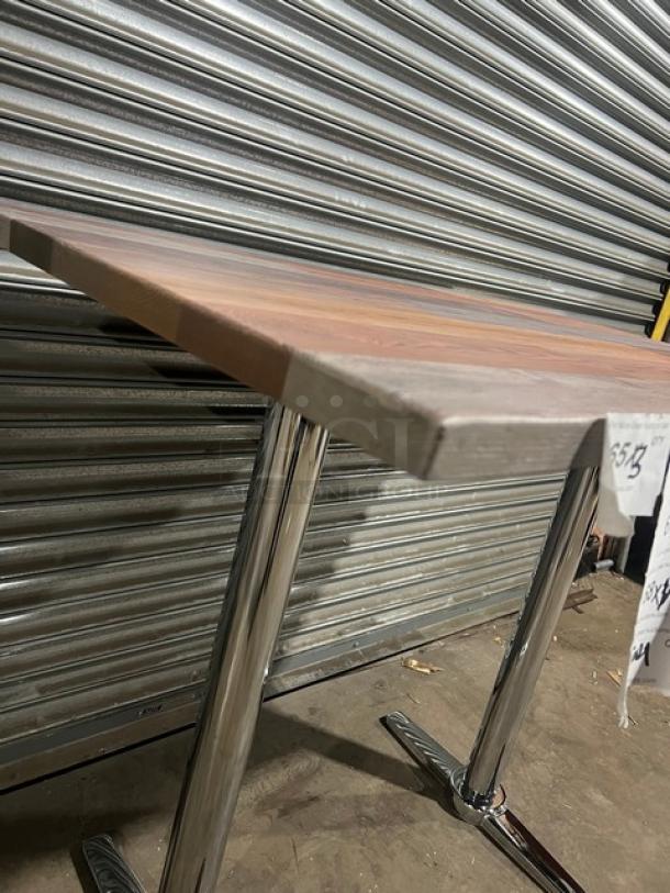 Brand new DuroWood 30"x48" barn wood plank dining table with chrome T-style base, model DW-3048. Durable and rustic design.