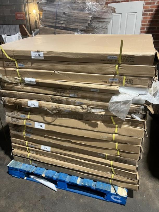 Brand new DuroWood Model DW3048 barn wood plank dining table, 30"x48", with chrome T-style base. In boxes, on a pallet.