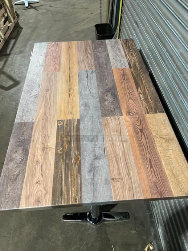 Barn wood plank dining table, 30"x48", rustic style by DuroWood. Chrome T-style base, model DW-3048. Brand new condition.