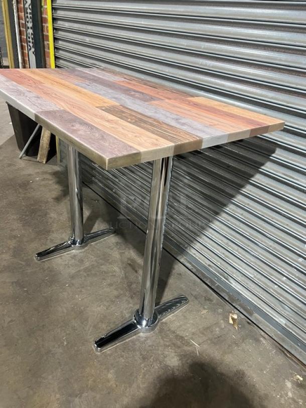 BRAND NEW Barn Wood Plank Rustic Table, 30"x48", Model DW3048, chrome T-style base, multi-tone wood, durable.