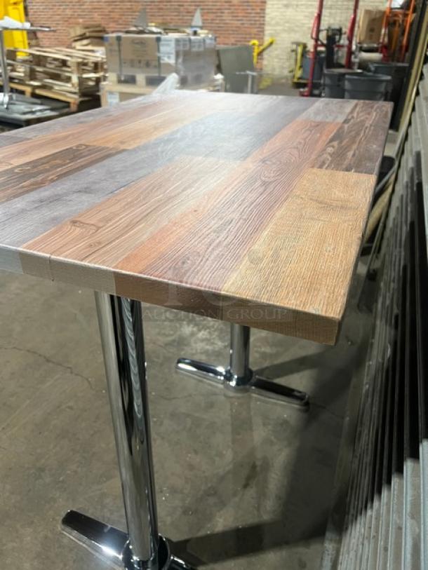 BRAND NEW DuroWood DW3048 dining table, 30"x48", barn wood plank top, chrome T-style base, rustic commercial style.