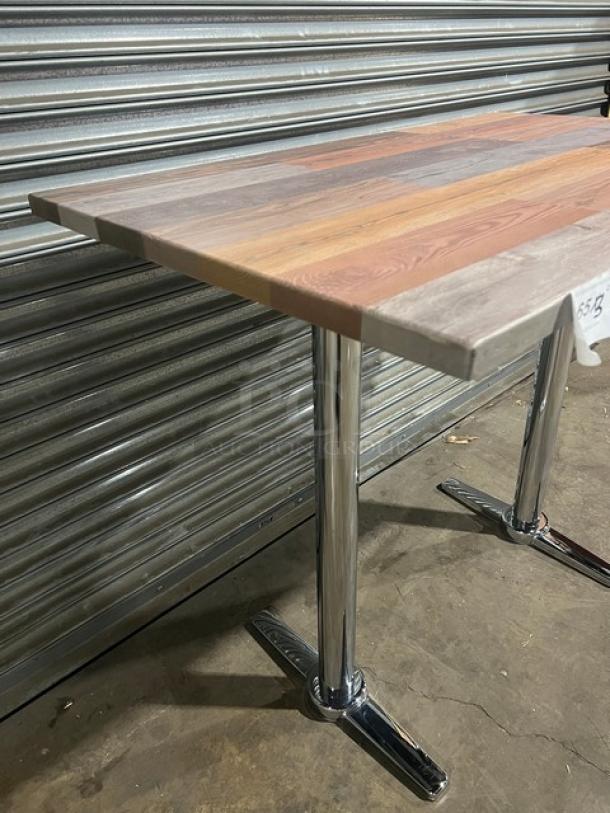 Brand new DuroWood 30"x48" rustic dining table with barn wood plank top, chrome T-style base, Model DW3048.