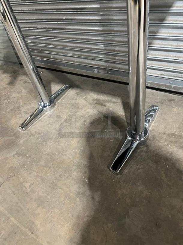 Brand new chrome-plated T-style table base for a 30"x48" rectangular dining table, Model DW-3048, by DuroWood.