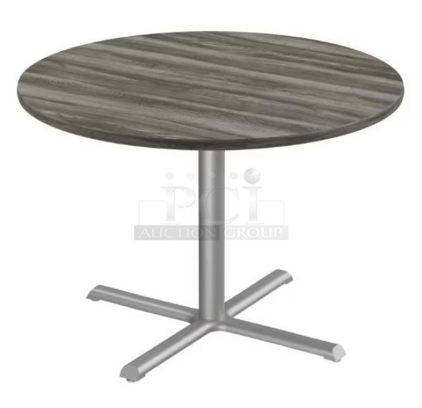 Brand new DuroWood 36" round dining table, model DW36, with durable 4-way pedestal base. Commercial modern style.