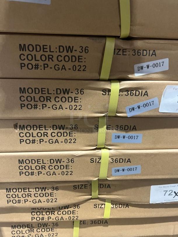 BRAND NEW Commercial Modern DuroWood 36" Round Dining Table, Model DW-36, in boxes with labels showing size and model details.