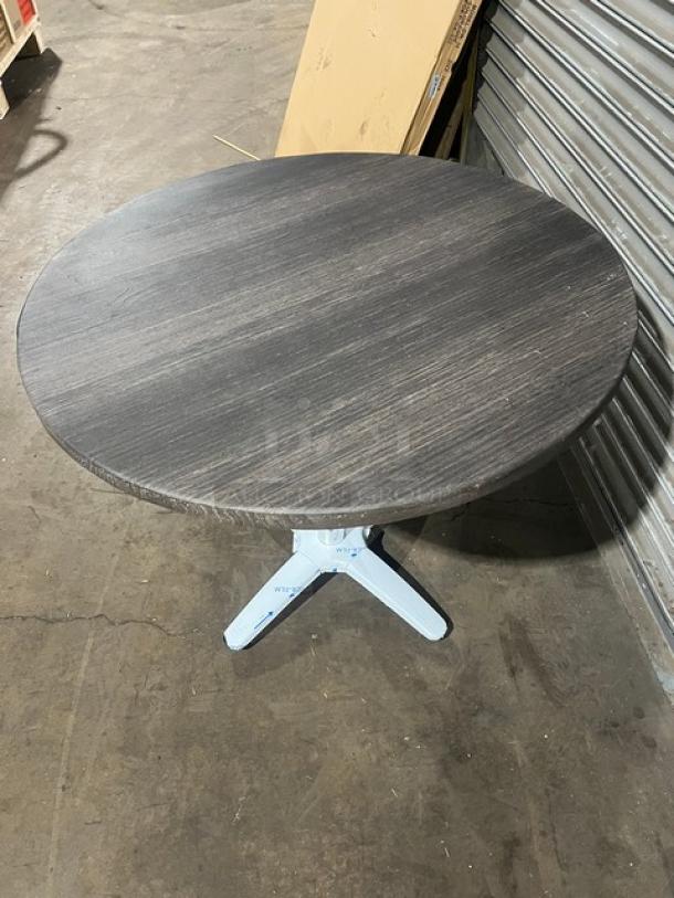 Brand new DuroWood 36" round dining table with 4-way pedestal base, model DW-36, commercial modern style.
