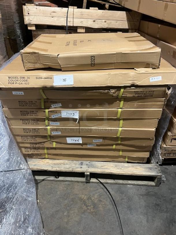 Brand new DuroWood 36" round dining table, model DW36, in packaging. Features 4-way pedestal base.