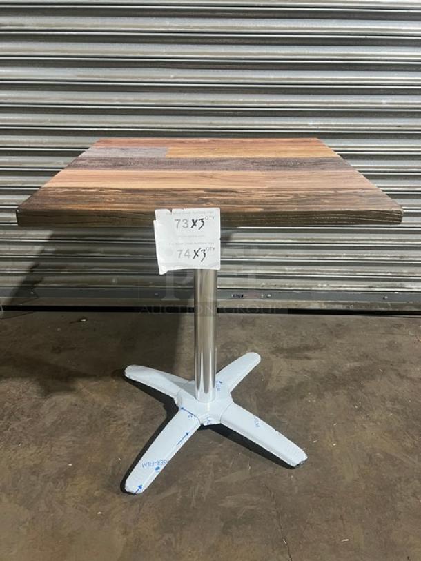 Brand new 24"x24" rustic barn wood dining table, DuroWood DW2424, features durable square top and 4-way pedestal base.