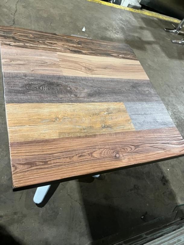 Brand new 24"x24" square rustic dining table by DuroWood, Model DW2424, featuring a barn wood plank top with 4-way pedestal base.