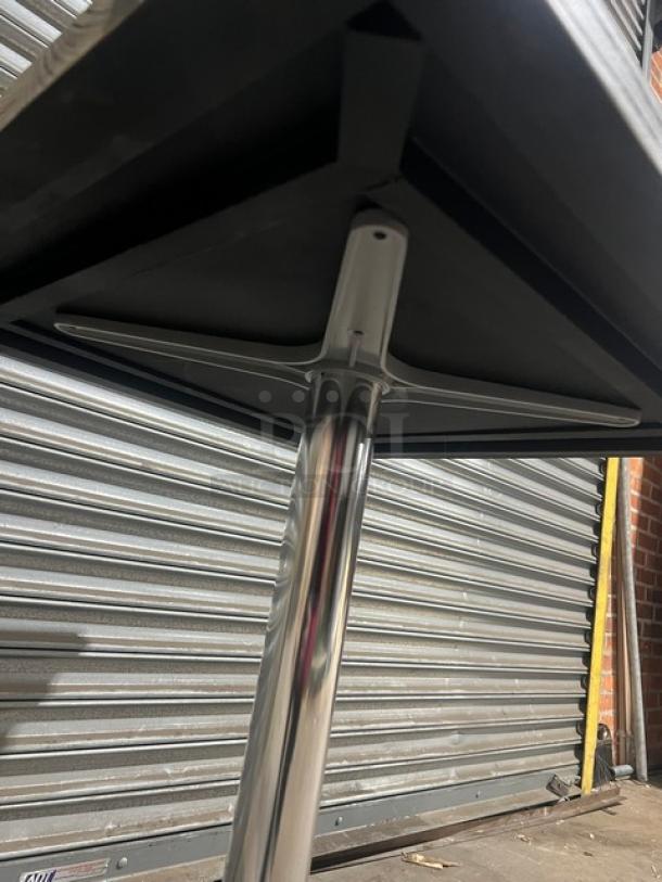 Brand new DuroWood DW-2424 24"x24" dining table, barn wood plank top, 4-way pedestal base, commercial grade.