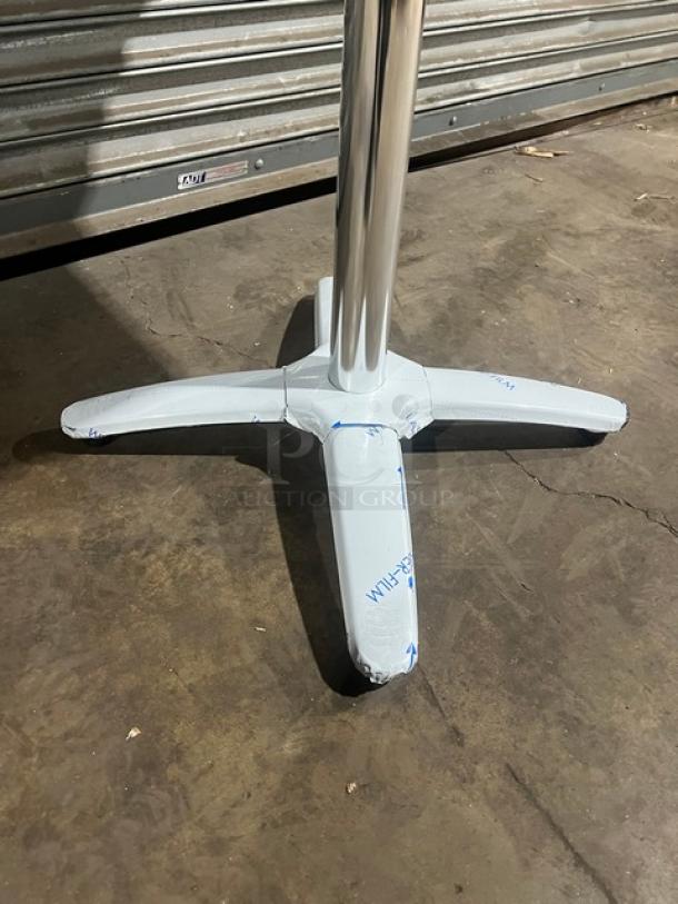 Barn Wood Plank Dining Table base, model DW2424. Features a 4-way pedestal style. New condition with protective wrap.