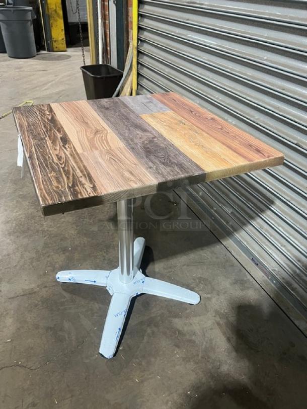Brand new DuroWood 24"x24" dining table with rustic barn wood plank top and 4-way pedestal base, Model DW-2424.