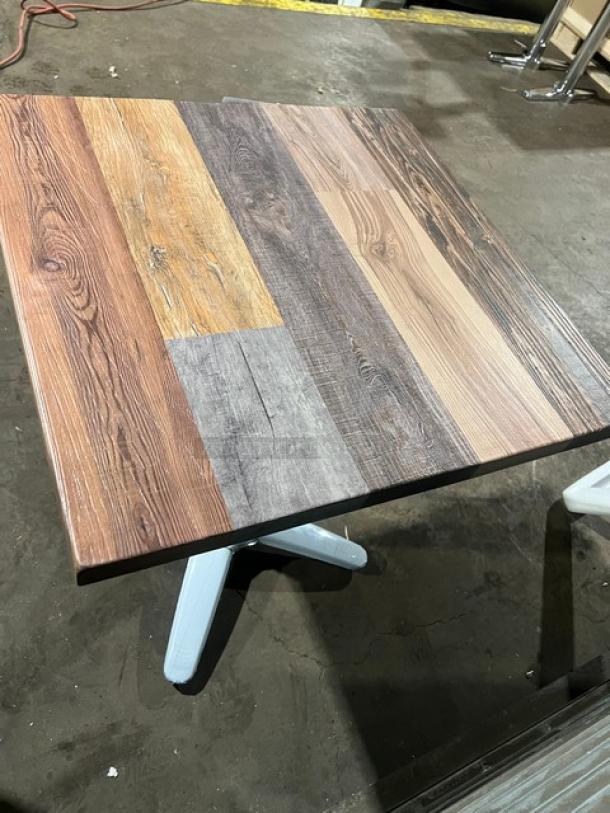 Brand new 24"x24" rustic barn wood plank dining table, DuroWood model DW2424, with 4-way pedestal base.