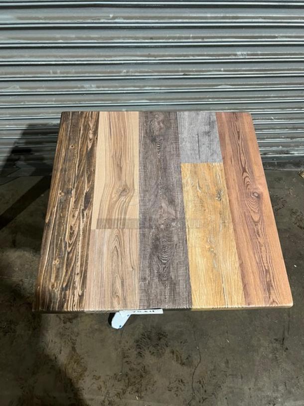 Brand new 24"x24" square dining table with rustic barn wood plank top, 4-way pedestal base. Model: DW-2424.