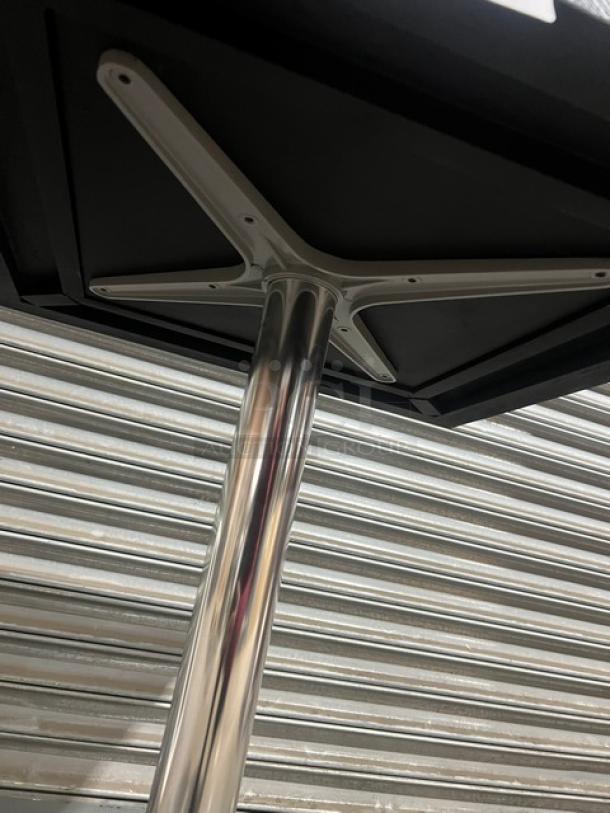 Brand new Barn Wood Plank DuroWood 24"x24" dining table; 4-way pedestal base, commercial-grade, Model DW-2424.