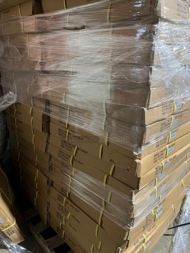 Stacked boxes of BRAND NEW Barn Wood Plank Commercial Rustic DuroWood 24"x30" Dining Tables, Model DW-2430, on pallet.