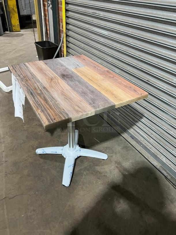 Brand new DuroWood 24"x30" dining table, barn wood plank top, 4-way pedestal base, model DW2430, rustic style.