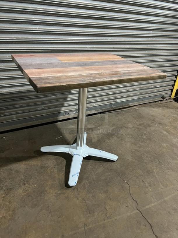 Brand new 24"x30" DuroWood dining table, model DW2430, with rustic barn wood plank top and 4-way pedestal base.