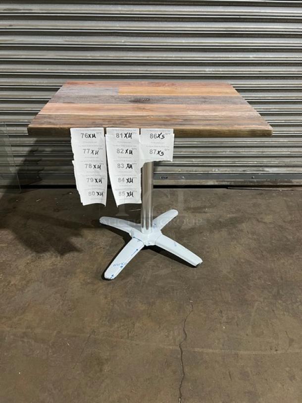 Brand new DuroWood 24"x30" dining table, barn wood plank top, 4-way pedestal base, model DW2430, rustic style.