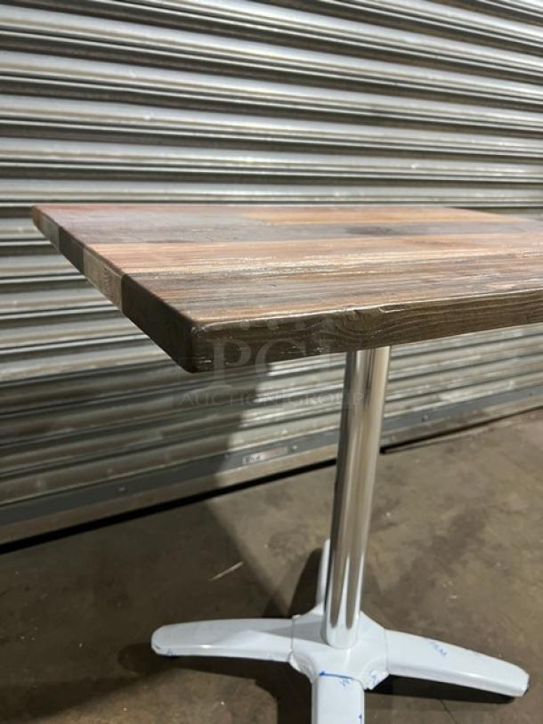 Brand new DuroWood 24"x30" dining table, barn wood plank top, pedestal style base, model DW2430, rustic finish.