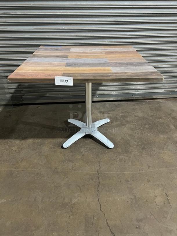 Brand new Barn Wood Plank Dining Table, 36"x36", rustic DuroWood, 4-way pedestal base, Model DW-3636, auction label 88x.