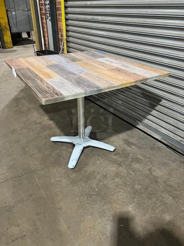 Brand new 36"x36" barn wood plank DuroWood dining table, model DW-3636, with a 4-way pedestal base.