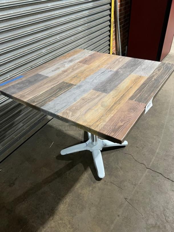 Brand new DuroWood DW3636 dining table, 36"x36", barn wood plank design, 4-way pedestal base, rustic style.