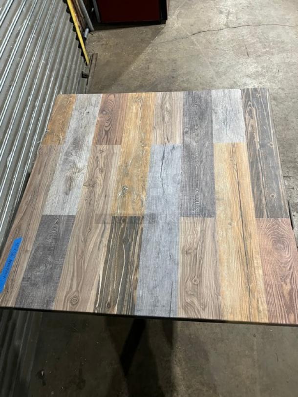 Brand new DuroWood DW-3636 dining table; 36"x36", barn wood plank top, 4-way pedestal base, rustic commercial design.