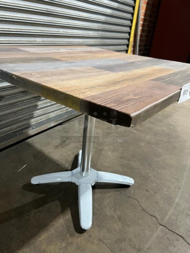 Brand new Barn Wood Plank 36"x36" dining table, DuroWood DW-3636, rustic design, 4-way pedestal base, commercial grade.