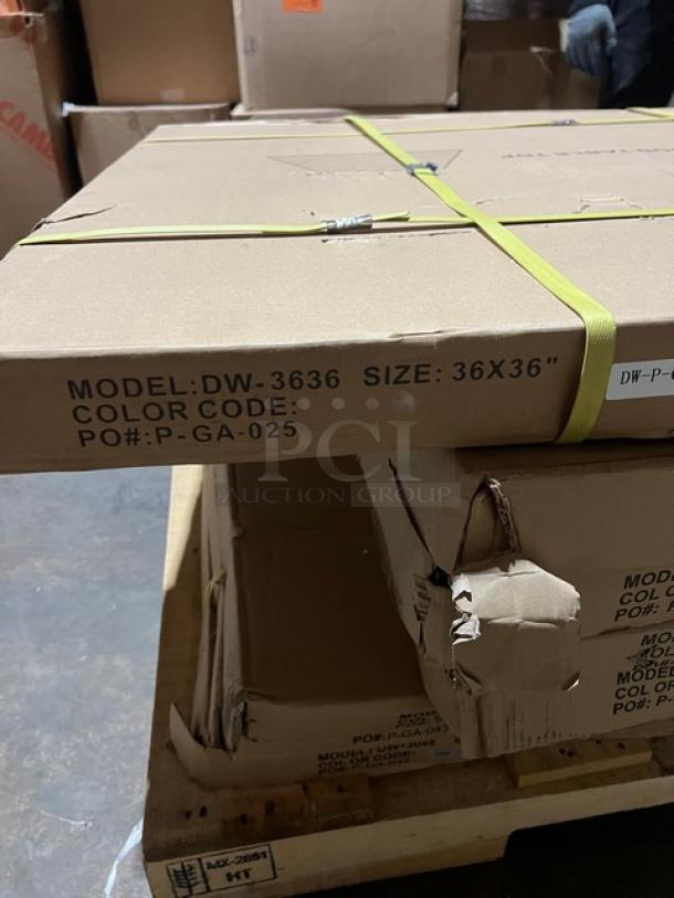 Barn Wood Plank DW-3636 dining table, 36"x36", new in box. Rustic DuroWood, 4-way pedestal base. Model: DW-3636.