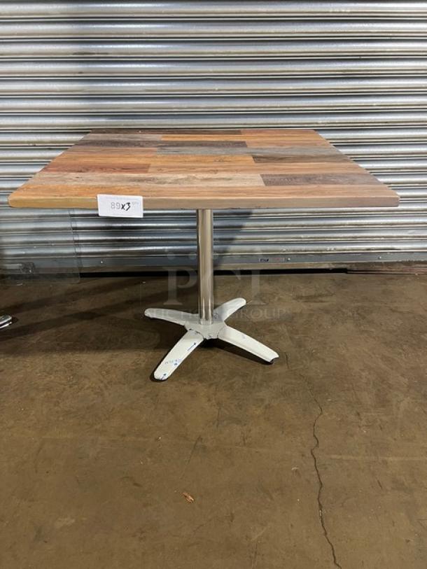 Barn Wood Plank Commercial DuroWood 36"x36" Dining Table, Model DW3636, new condition, 4-way pedestal base.