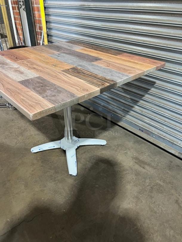 Brand new DuroWood 36"x36" rustic barn wood plank dining table with 4-way pedestal base, Model DW3636.