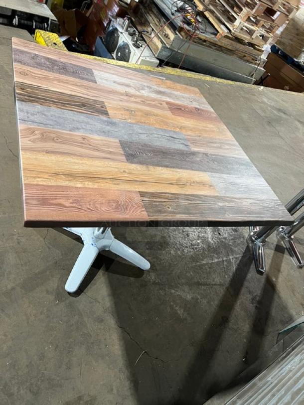 Brand new 36"x36" square dining table, rustic barn wood plank top, 4-way pedestal base, model DW3636, durable design.