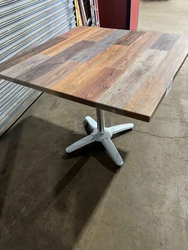 BRAND NEW Barn Wood Plank Dining Table, 36"x36", Model DW-3636, rustic design with a 4-way white pedestal base.