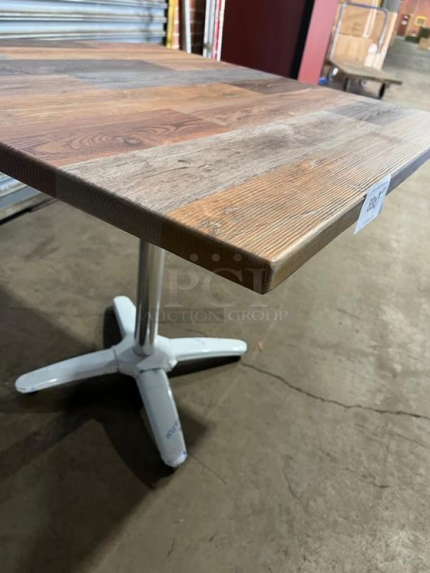 Brand new DuroWood 36"x36" square dining table, barn wood plank top, 4-way pedestal base, Model DW-3636, durable finish.
