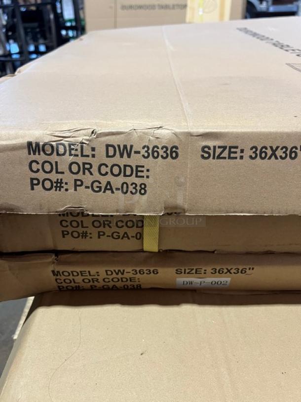 Brand new DuroWood dining table, model DW-3636, 36"x36", rustic barn wood plank with 4-way pedestal base. Boxed.