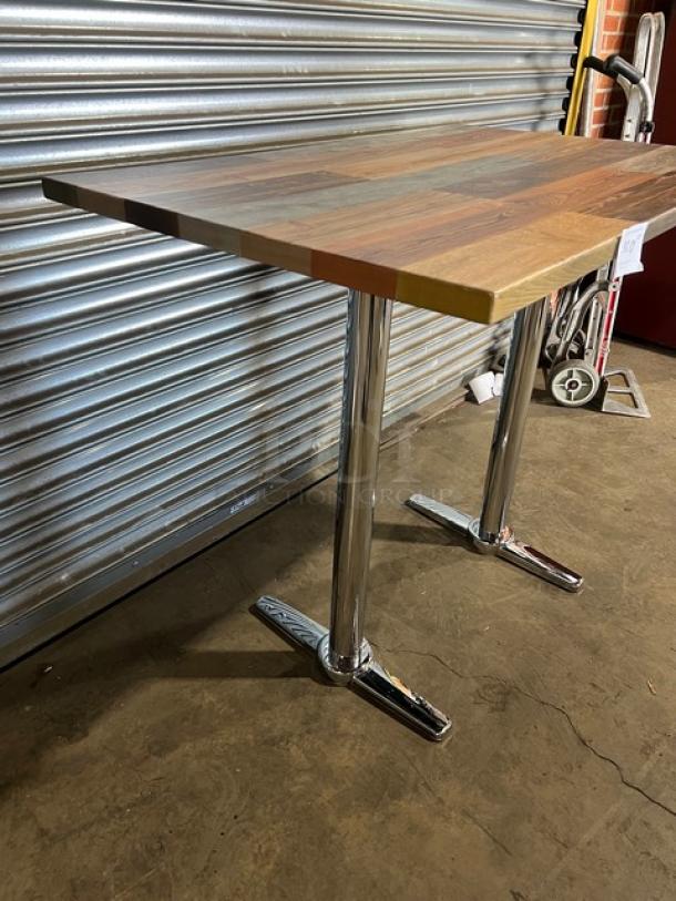 Brand new rustic DuroWood dining table with barn wood plank top and chrome T-style base; durable and stylish.