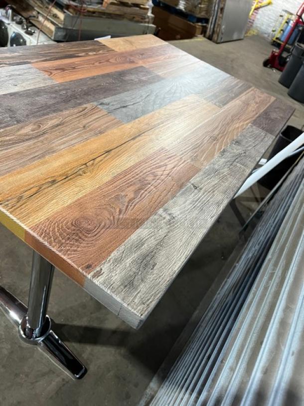 Brand new barn wood plank dining table with chrome T-style base. Rustic DuroWood, rectangular, durable.