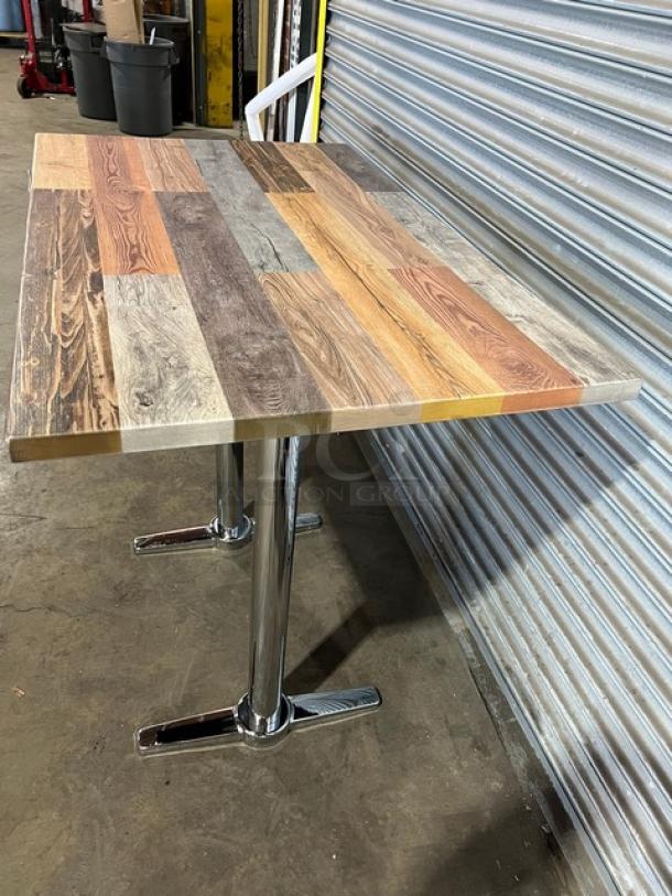 Brand new DuroWood dining table with barn wood plank top, chrome T-style base, rustic commercial design, durable finish.