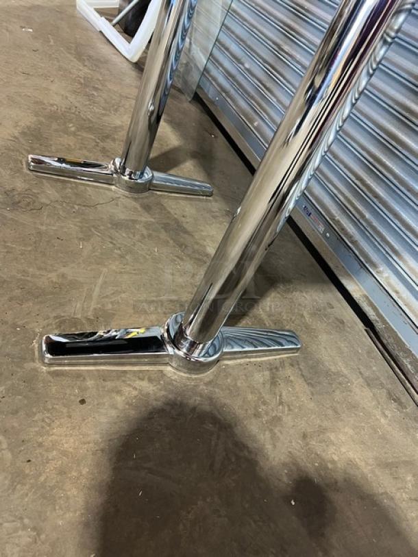 Chrome plated T-style table base for Barn Wood Plank Commercial Rustic DuroWood dining table, brand new condition.