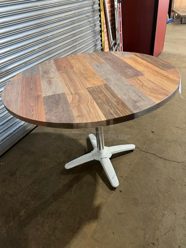 Barn Wood Plank dining table, brand new, rustic style with 4-way pedestal base, round, durable DuroWood, commercial quality.