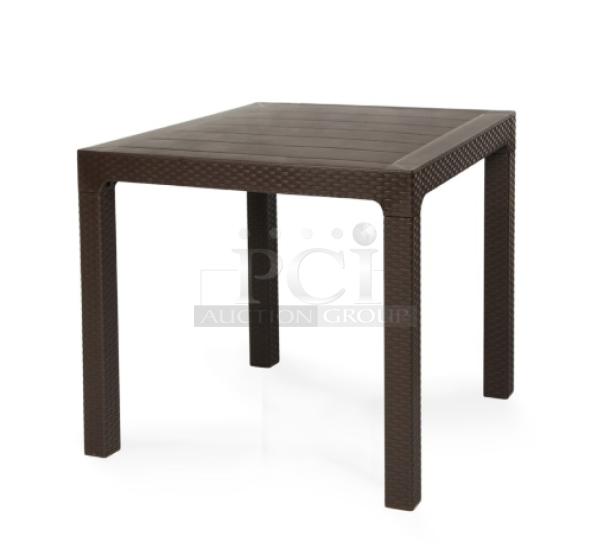 Brand new Rainbow Arizona Collection brown faux wood 80"x80" outdoor table with rattan texture, polypropylene.