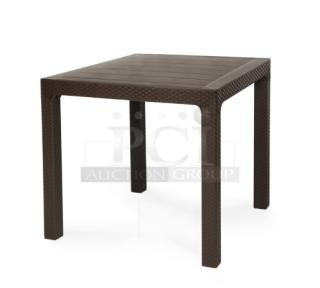Brand new Rainbow Arizona Collection brown polypropylene faux wood 80"x80" square outdoor table, rattan textured finish.