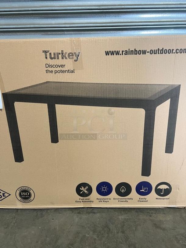 Brand new Rainbow Arizona Collection rectangular table, 140"x80", brown polypropylene faux wood, rattan texture, weatherproof.