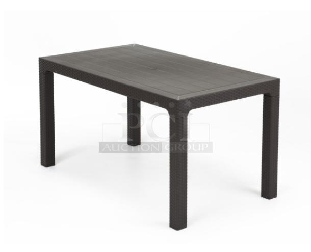 Brand new Rainbow Arizona 140"x80" brown polypropylene outdoor table with faux wood slats and rattan textured finish.