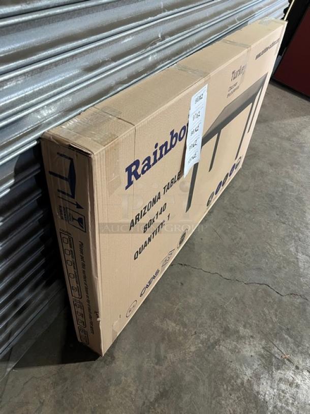 Brand new Rainbow Arizona Collection table box; commercial brown polypropylene, faux wood slated, 140"x80", rattan finish.