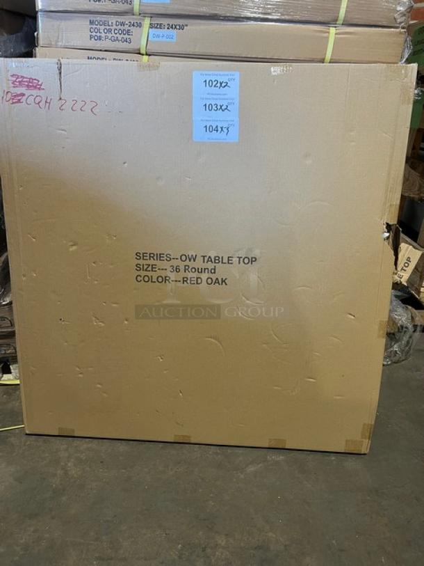 Brand new commercial red oak 36" round dining table in original packaging. Textured top, regular height base.