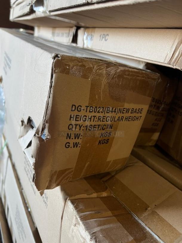 New commercial red oak 36" round textured dining table in box, regular height base, marked "DG-TB023(B44)" on packaging.